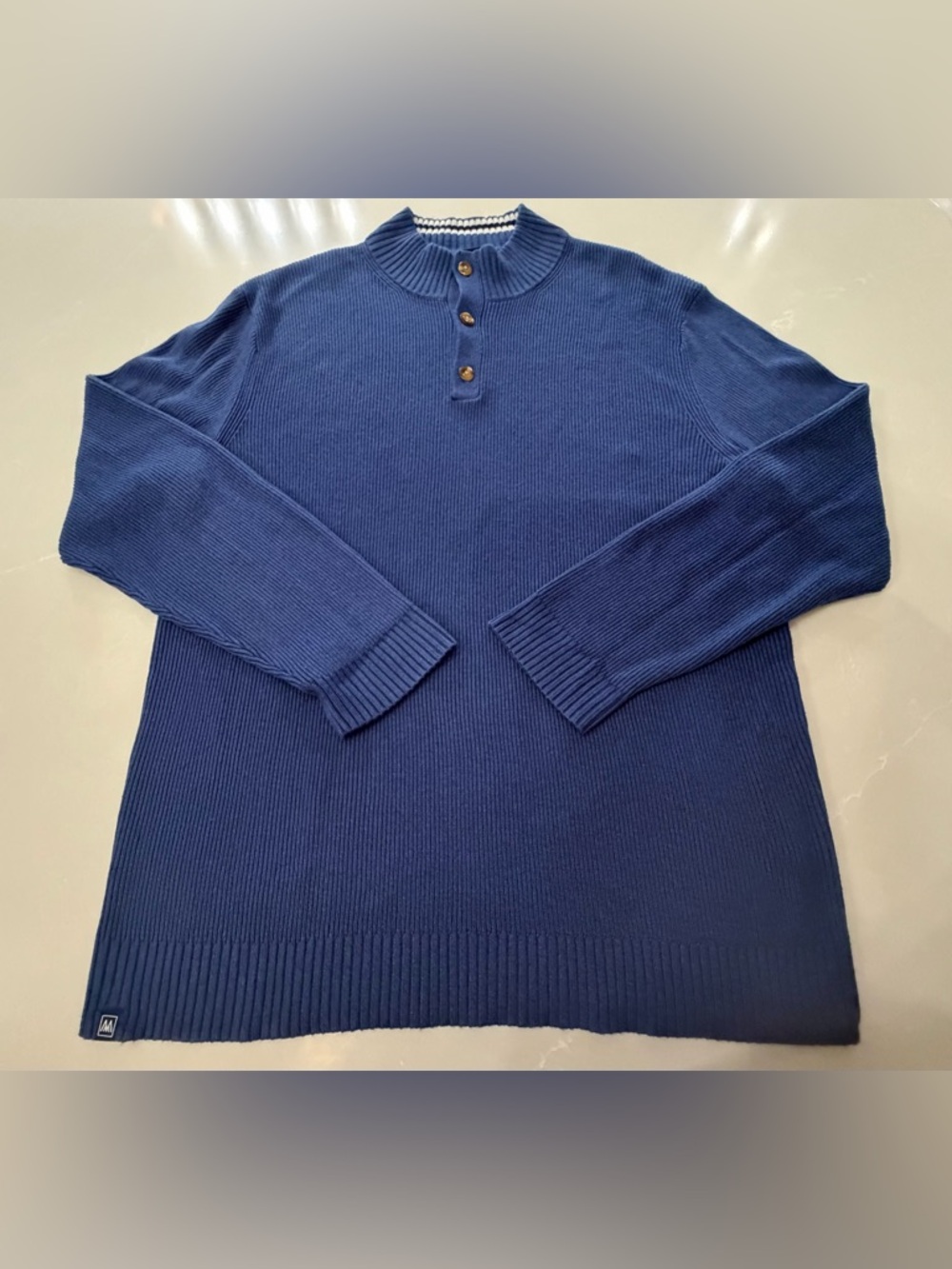 Mizzen+Main Navy Ribbed 1/4 Button-Front Mock Neck Sweater, XXL